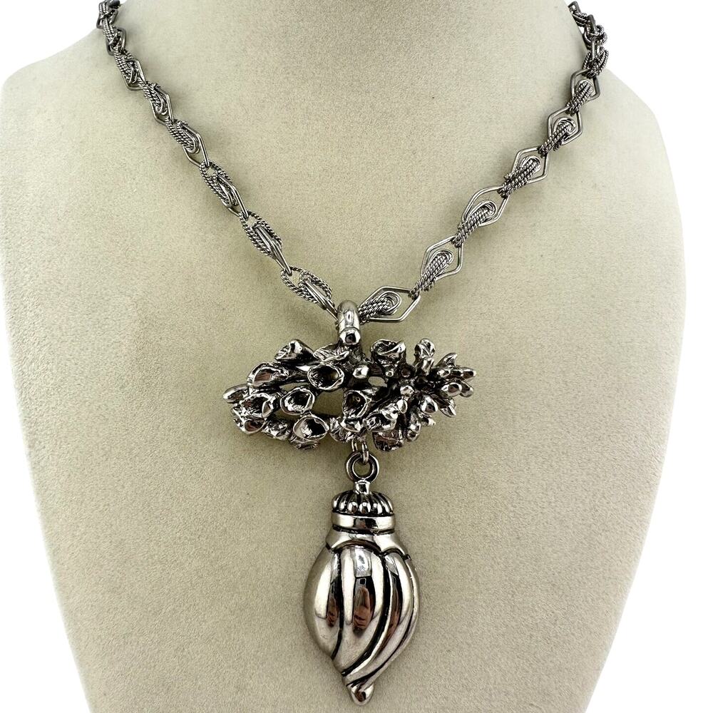 Vintage Rebecca Collins Abstract Flowers Drop Pendant Silver Tone 23” Necklace